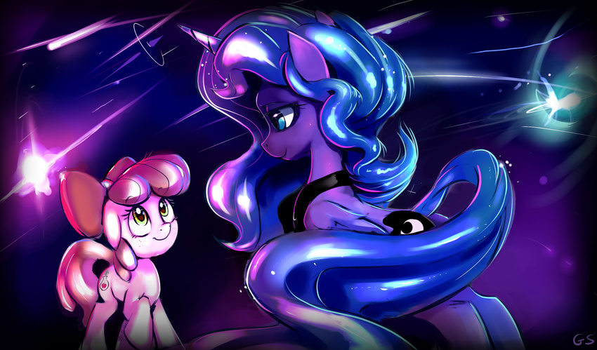 2015 abstract_background apple_bloom_(mlp) blue_eyes blue_hair bow cutie_mark duo equine female friendship_is_magic gsphere hair horn horse mammal my_little_pony pony princess_luna_(mlp) red_hair sparkles winged_unicorn wings young