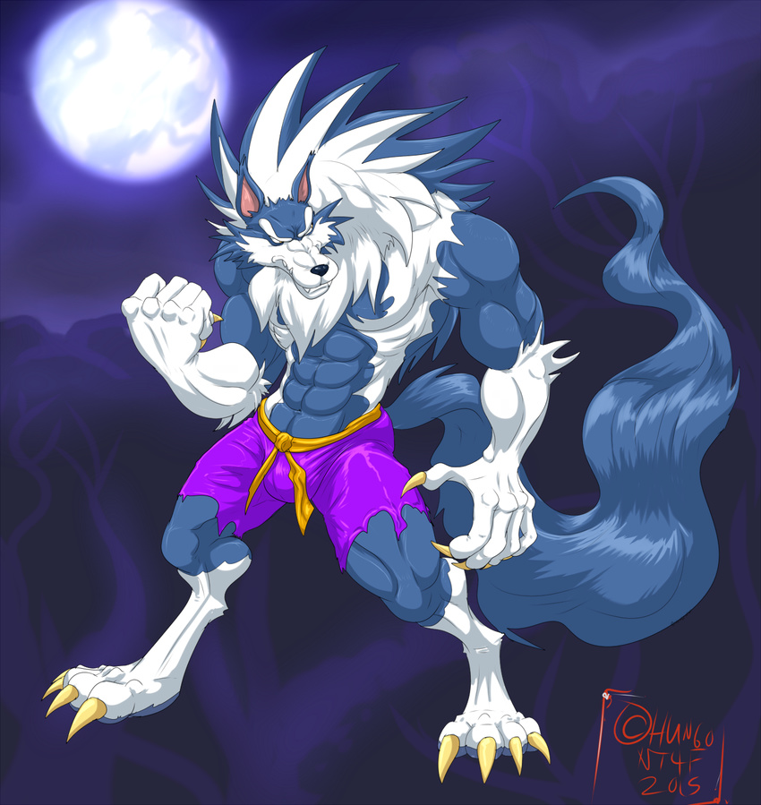 2015 abs barefoot belt biceps big_muscles black_nose blue_fur bulge canine claws clothed clothing darkstalkers digitigrade fangs full_moon fur half-dressed hungothenomster jon_talbain male mammal moon muscles pecs shorts solo standing teeth toe_claws toned topless torn_clothing video_games were werewolf white_fur wolf yellow_eyes