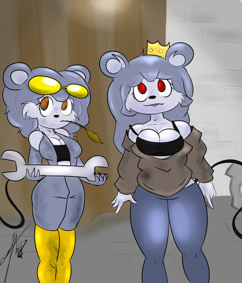 anthro breasts brown_eyes buckteeth cleavage clothed clothing coveralls crown cute duo female honas007 mammal mouse mouse_princess red_eyes rodent sibling sisters tools towergirls wrench