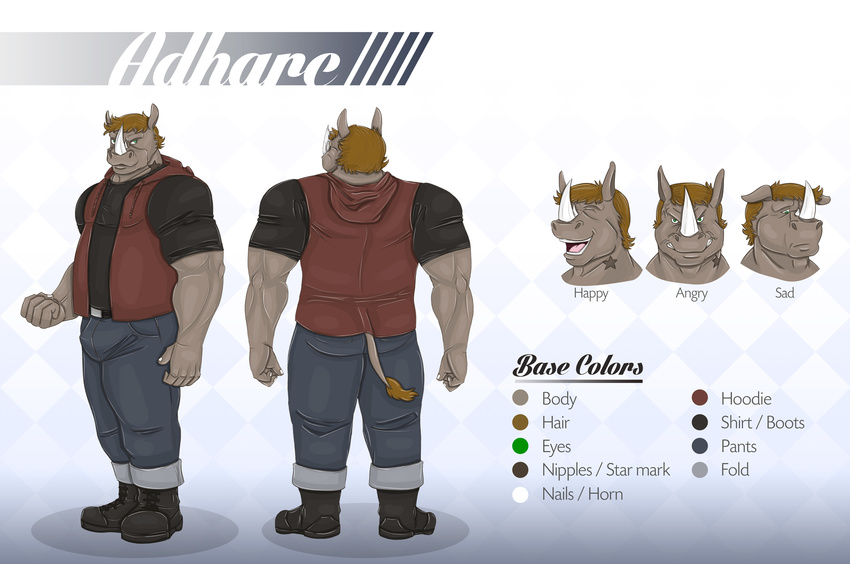 adharc angry begami big_muscles boots bulge butt clenched_teeth clothing color_scheme grey_skin happy jacket male mammal model_sheet muscles pants pose rhinoceros sad shirt solo teeth text