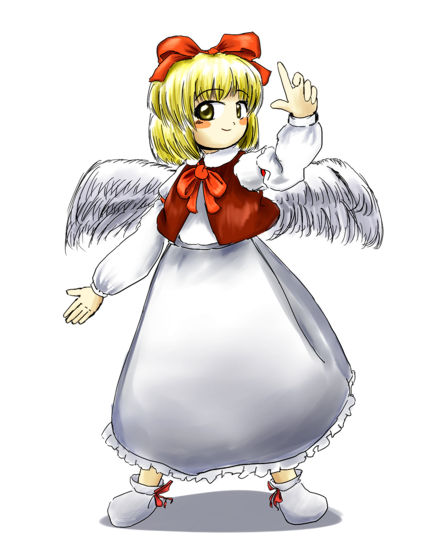 armband blonde_hair blush bow dress feathered_wings full_body gengetsu hair_ribbon hand_up highres long_sleeves looking_to_the_side official_style ofuton_(niigata_kenmin) oota_jun'ya_(style) red_bow ribbon shoe_ribbon shoes short_hair simple_background sketch smile solo touhou touhou_(pc-98) white_background white_dress white_footwear wings yellow_eyes