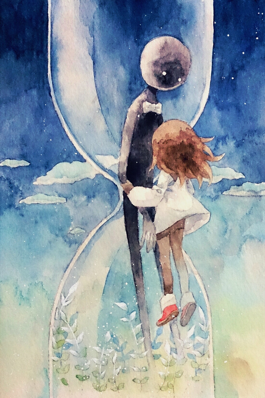 ankle_boots boots brown_hair cloud deemo deemo_(character) floating girl_(deemo) highres holding_hands hourglass long_hair mukai_nemui plant sky traditional_media watercolor_(medium)