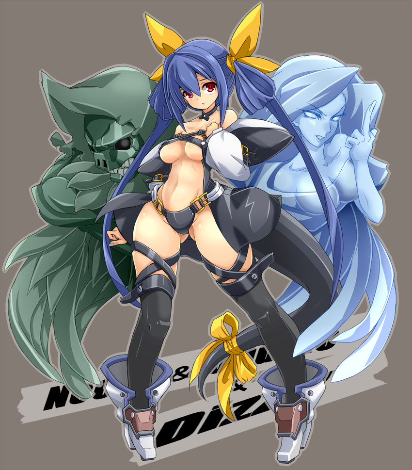 asymmetrical_wings black_legwear blue_hair breasts character_name choker collarbone detached_sleeves dizzy feathered_wings feathers full_body green_wings guilty_gear hair_ribbon hair_rings highres karukan_(monjya) large_breasts long_hair long_sleeves middle_finger midriff navel necro_(guilty_gear) open_mouth outline pigeon-toed red_eyes ribbon solo standing tail tail_ribbon thick_thighs thighhighs thighs twintails underboob undine_(guilty_gear) very_long_hair white_wings wings yellow_ribbon