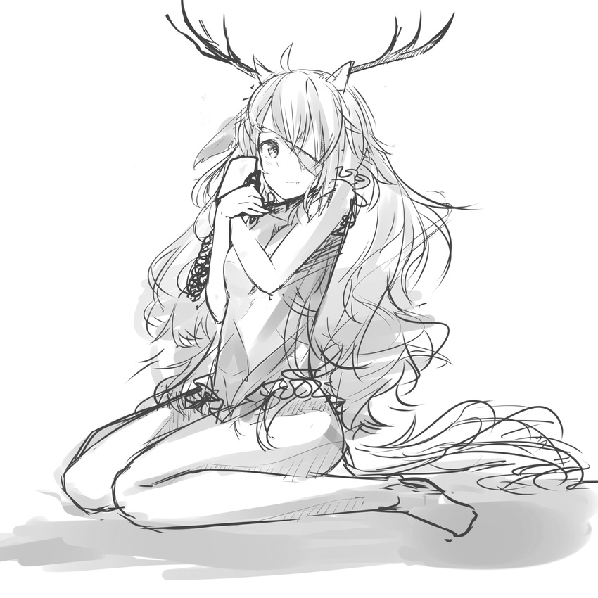 absurdres ahoge animal_ears antlers bandage_over_one_eye bandages bare_legs bloodborne dress fang greyscale highres long_hair lunateelf monochrome short_dress sitting solo very_long_hair vicar_amelia