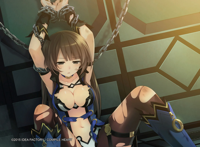 2015 arms_up bdsm bondage bound bound_wrists breasts brown_hair c-sha chain choker cleavage collarbone company_name dutch_angle grey_eyes highres large_breasts long_hair navel neptune_(series) non-web_source number official_art pantyhose shin_jigen_game_neptune_vii sitting solo torn_clothes torn_legwear tsunako watermark