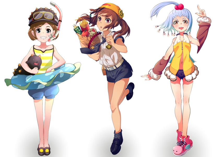 apple belt blue_hair brown_eyes brown_hair detached_sleeves food french_fries fruit goggles goggles_on_head hair_bobbles hair_ornament hat highres kamogawa_shuujin looking_at_viewer multiple_girls necktie original red_eyes shoes shorts simple_background smile snorkel white_background