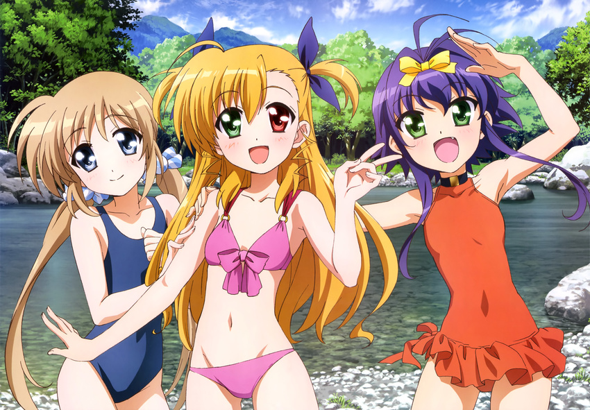 :d absurdres bare_shoulders bikini blonde_hair blue_eyes blush bow casual_one-piece_swimsuit collarbone corona_timir covered_navel fang flat_chest green_eyes groin hair_bow heterochromia highres long_hair lyrical_nanoha mahou_shoujo_lyrical_nanoha_vivid multiple_girls nyantype o-ring o-ring_bikini official_art one-piece_swimsuit open_mouth purple_hair red_eyes rio_wezley river salute scan short_hair smile swimsuit swimsuit_skirt tree two_side_up v vivio