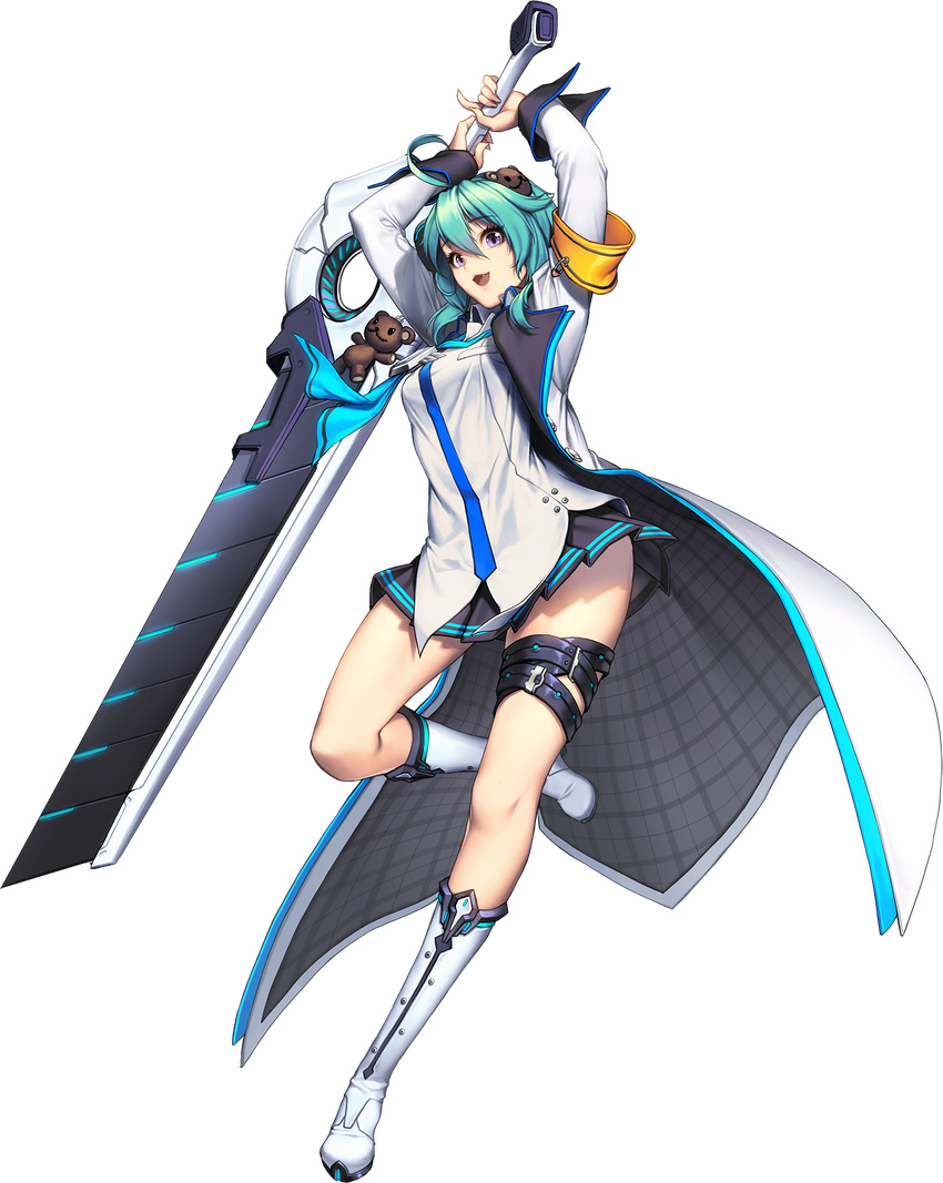 aqua_hair boots chaos_online fang full_body highres huge_weapon knee_boots love_cacao mazenda_(chaos_online) official_art open_mouth pleated_skirt purple_eyes skirt solo stuffed_animal stuffed_toy teddy_bear teddy_bear_hair_ornament transparent_background weapon white_footwear