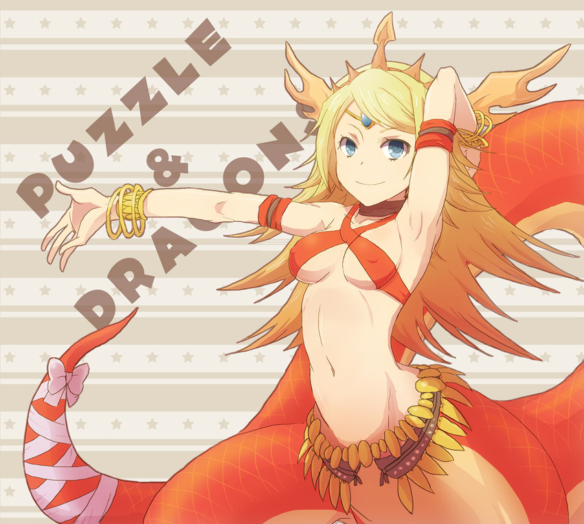 armpits bangle blonde_hair blue_eyes bow bracelet breasts circlet covered_nipples criss-cross_halter crown echidna_(p&amp;d) groin halter_top halterneck jewelry lamia long_hair medium_breasts midriff monster_girl navel puzzle_&amp;_dragons smile zarigani_tarou