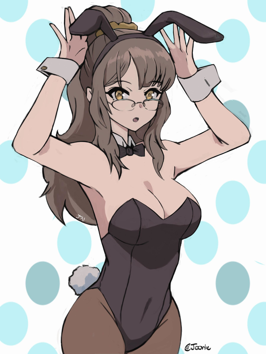 1girl absurdres animal_ears arms_up bae_joohyun bangs black_leotard breasts brown_eyes brown_hair bunny_ears bunny_girl bunny_tail bunnysuit cleavage detached_collar eyebrows_visible_through_hair futaba_rio glasses highres large_breasts leotard long_hair looking_at_viewer open_mouth pantyhose ponytail seishun_buta_yarou solo strapless strapless_leotard tail wrist_cuffs