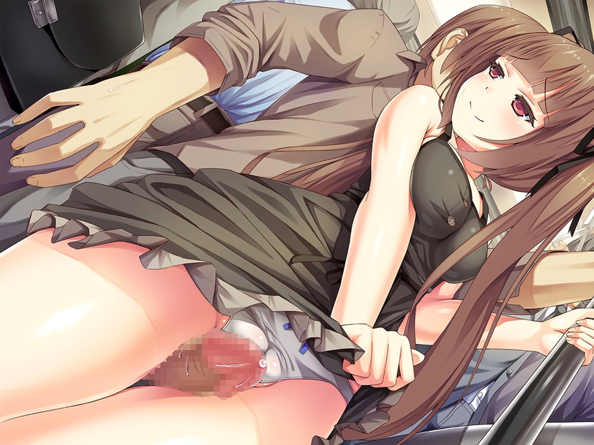 artist_request brown_hair censored chikan naughty_face panties penis peragura public red_eyes skirt_lift thigh_sex twintails underwear