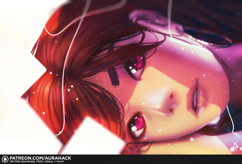 1girl blurry depth_of_field erica_june_lahaie face hair_over_one_eye lying on_side original parted_lips patreon_logo realistic red_eyes red_hair signature solo watermark web_address