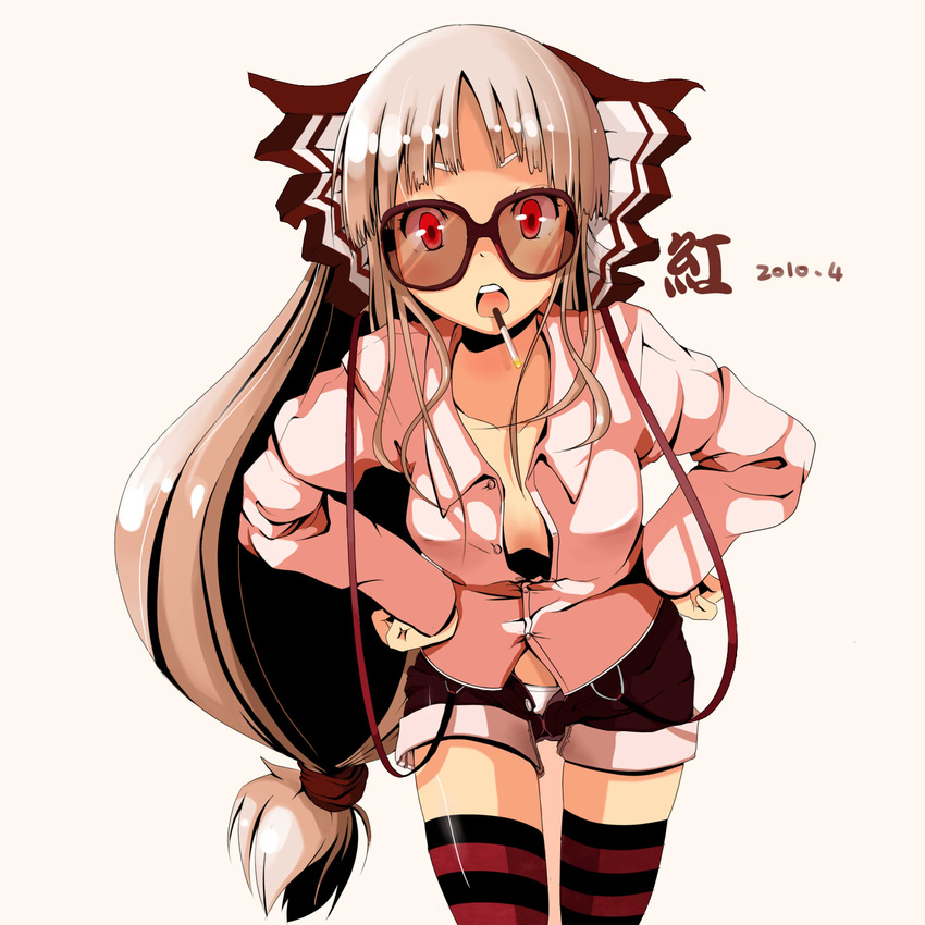 bespectacled bow cigarette collarbone dated fujiwara_no_mokou glasses hair_bow highres leaning_forward long_hair looking_at_viewer open_clothes open_mouth open_shirt panties red_eyes rokusai shirt shorts simple_background solo striped striped_legwear suspenders touhou underwear very_long_hair white_hair white_panties yae_(mono110)