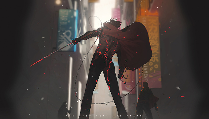 3boys black_hair blood bloody_clothes bloody_hands bloody_weapon building cape chains clenched_hand cloak dripping dual_wielding holding holding_sword holding_weapon katana lan_se_fangying multiple_boys original smoking sword torn_clothes weapon window window_shade