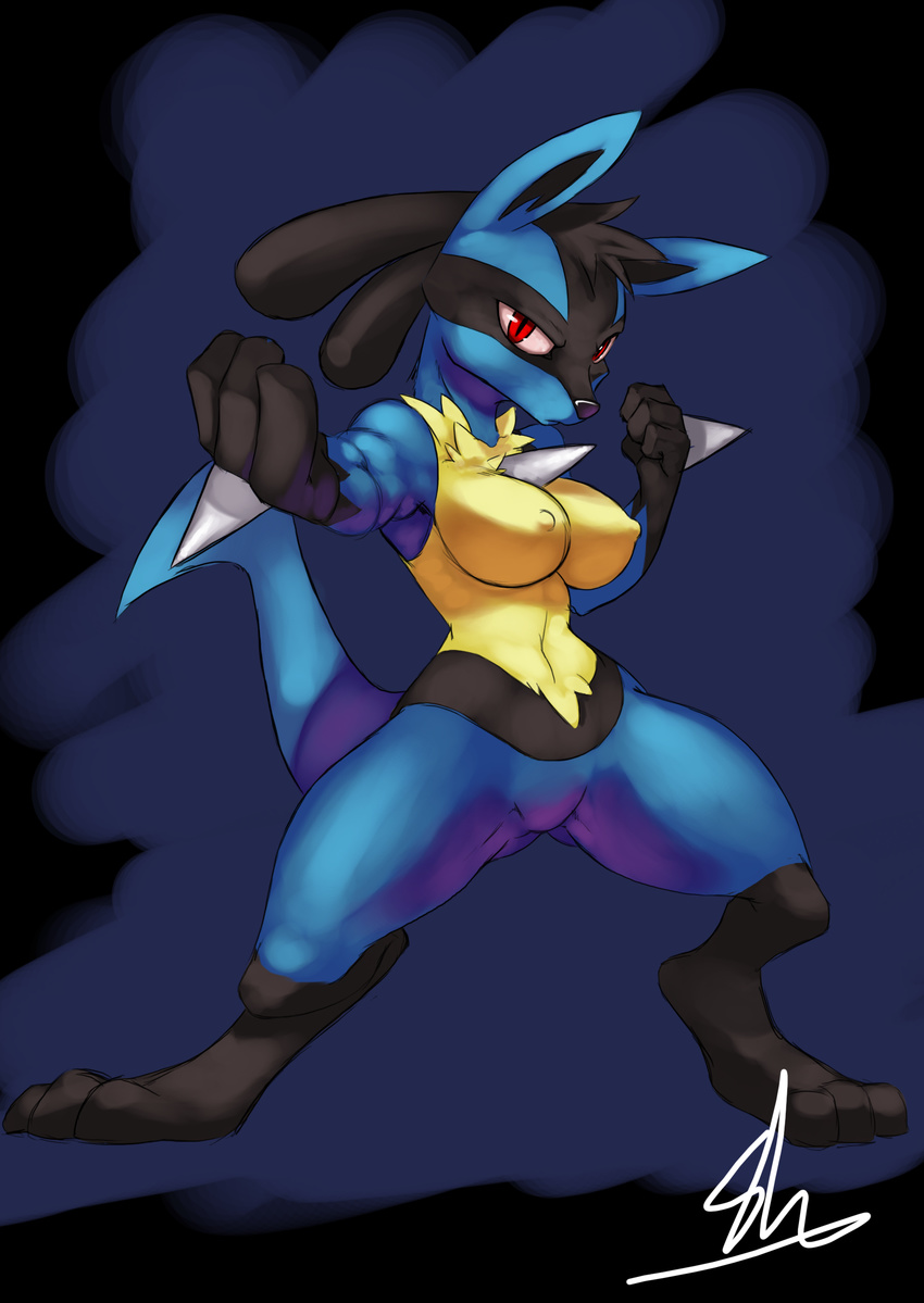 blue_fur breasts canine female fur hi_res looking_at_viewer lucario mammal navel nintendo nipples pok&eacute;mon pose red_eyes shnider solo spikes spread_legs spreading standing video_games