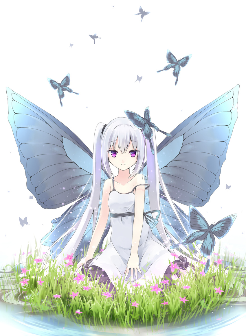 bug butterfly butterfly_hair_ornament butterfly_wings collarbone dress hair_ornament highres insect kneeling long_hair makadamixa off_shoulder original silver_hair simple_background solo sundress twintails white_background white_dress wings