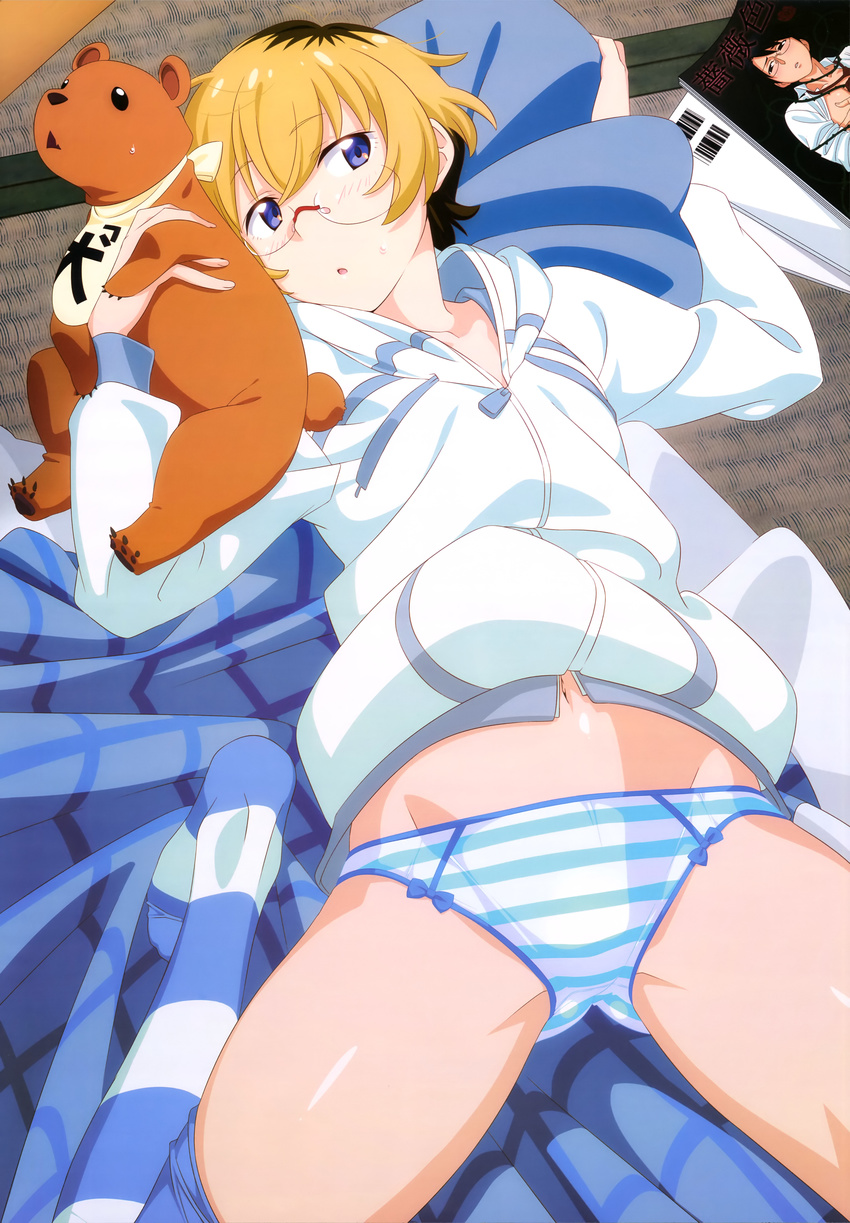 :o absurdres barcode bear black_hair blanket blonde_hair blue_eyes blue_legwear blue_panties blush book bow bow_panties checkered cowboy_shot crotch cub flat_chest glasses highres hikiotani_ito hood hood_down hoodie indoors long_sleeves looking_at_viewer lying muhi_(punch_line) multicolored_hair navel no_pants nyantype official_art on_back on_floor open_mouth panties punch_line red-framed_eyewear rimless_eyewear scan short_hair spread_legs striped striped_legwear striped_panties sweatdrop tatami thighhighs two-tone_hair underwear white_legwear white_panties zipper