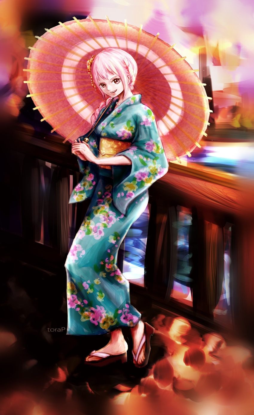 :d absurdres against_railing alternate_costume bad_id bad_pixiv_id full_body geta highres japanese_clothes kimono leaning leaning_on_object long_hair looking_at_viewer no_legwear obi one_piece open_mouth oriental_umbrella parasol pink_hair railing rebecca_(one_piece) river sandals sash smile solo torapunch umbrella water