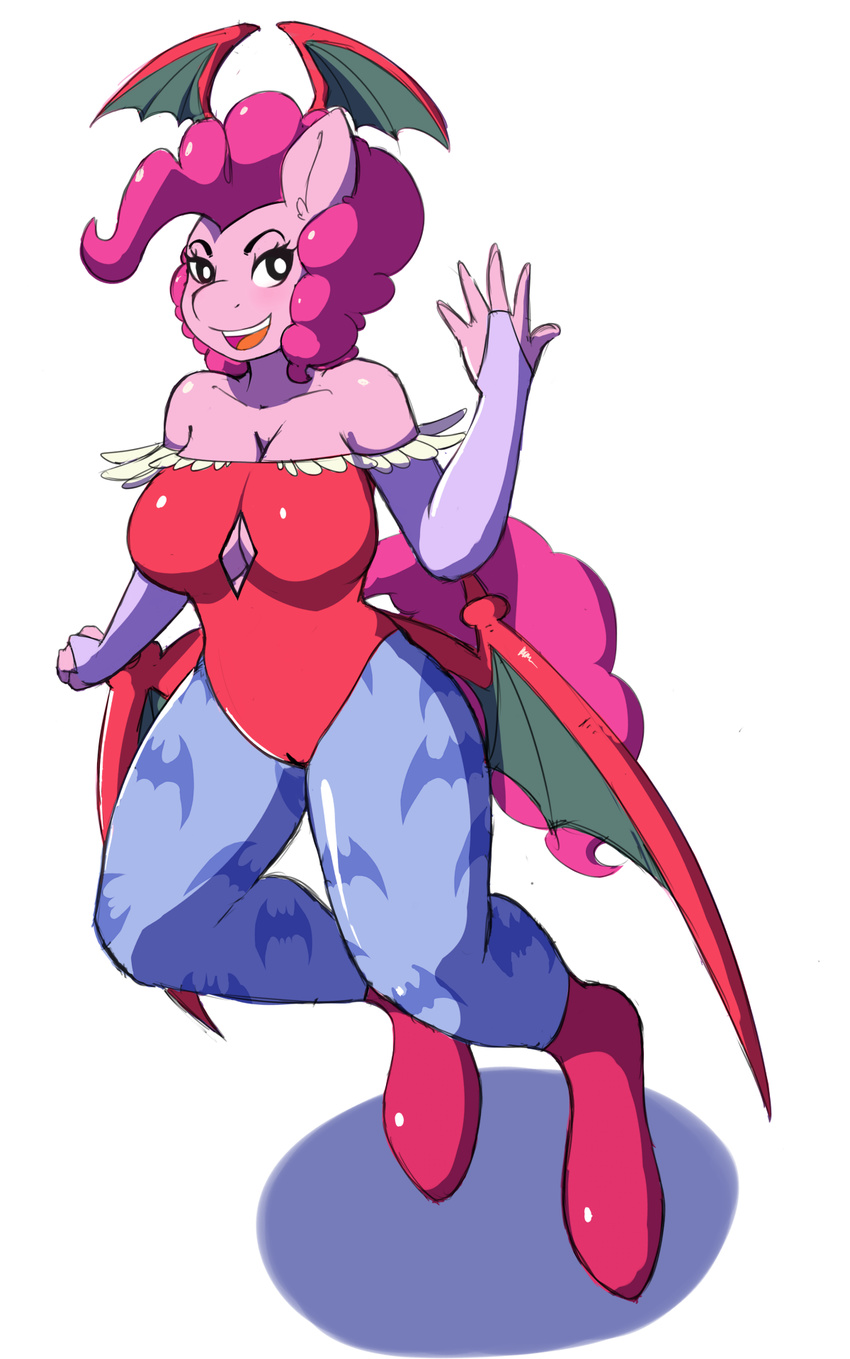 2015 anthro anthrofied big_breasts blush breasts chutzpaah clothed clothing crossover cutie_mark darkstalkers earth_pony equine female friendship_is_magic hair horse huge_breasts mammal my_little_pony nipples open_mouth pinkie_pie_(mlp) pony smile solo video_games wings
