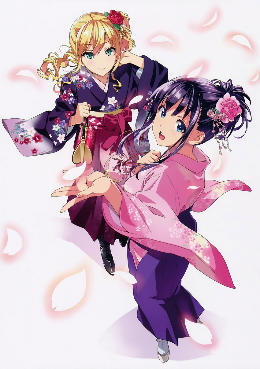 :d absurdres amaya_haruko bag black_hair blonde_hair blue_eyes flower glowing green_eyes hair_flower hair_ornament hakama highres himegami_kodama japanese_clothes kimono kinchaku looking_at_viewer maken-ki! makeup multiple_girls open_mouth petals pouch purple_hakama scan smile tabi takeda_hiromitsu