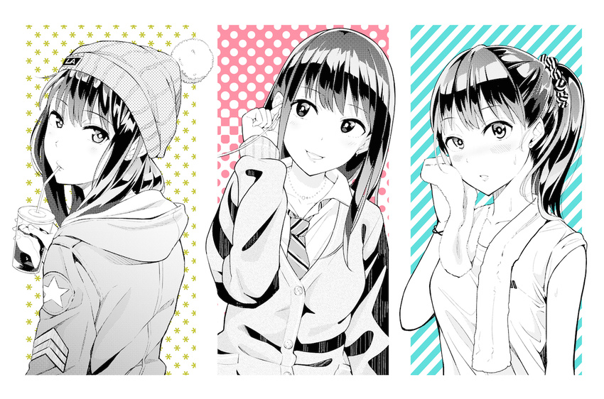 bangs beanie bracelet buttons cardigan casual collared_shirt column_lineup cup drink drinking drinking_straw earphones from_side hair_ornament hair_over_shoulder hair_scrunchie halftone halftone_background hat head_tilt high_ponytail hood hood_down hoodie idolmaster idolmaster_cinderella_girls jewelry long_hair long_sleeves looking_at_viewer military_rank_insignia monochrome multiple_persona necklace necktie open_mouth ponytail school_uniform scrunchie shibuya_rin shirt sleeves_rolled_up spot_color star star_print striped striped_background striped_scrunchie sweat towel towel_around_neck uku upper_body