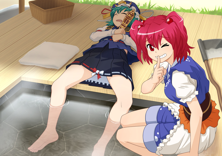 &gt;_o bare_legs barefoot basket belly_peek commentary_request drooling finger_to_mouth fourth_wall green_hair grin hair_bobbles hair_ornament hat iromeki_overdrive legs looking_at_viewer lying multiple_girls on_back one_eye_closed onozuka_komachi onsen open_mouth red_eyes red_hair ribbon-trimmed_skirt ribbon_trim rod_of_remorse scythe shiki_eiki short_hair shorts shorts_rolled_up shushing sitting skirt sleeping smile soaking_feet soles spread_legs touhou towel two_side_up untucked water