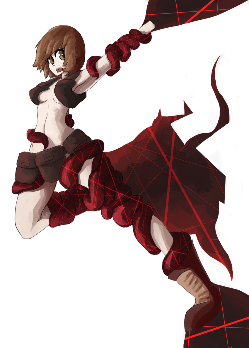 armpits belt_pouch boots breasts brown_eyes brown_hair highres kart_prowler kill_la_kill life_fiber mankanshoku_mako nudist_beach_uniform pouch restrained short_hair sideboob solo tentacles transparent_background