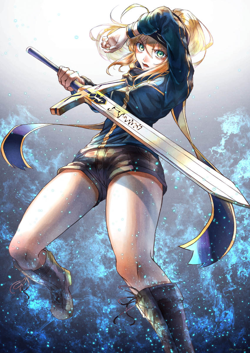 1girl absurdres ahoge artoria_pendragon_(all) black_hat black_shorts blonde_hair blue_eyes blue_jacket blue_scarf excalibur eyebrows_visible_through_hair fate/grand_order fate_(series) hair_between_eyes hat highres holding holding_sword holding_weapon jacket long_hair long_sleeves looking_at_viewer mysterious_heroine_x peaked_cap ponytail scarf short_shorts shorts sidelocks solo standing sword weapon