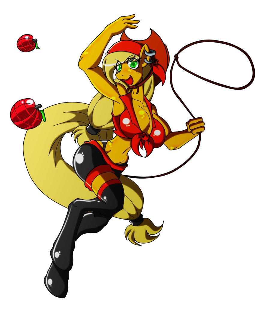2011 alpha_channel animewave anthro anthrofied applejack_(mlp) blonde_hair boots breasts cleavage clothed clothing cowboy_hat equine explosives female freckles friendship_is_magic grenade hair hat horse mammal my_little_pony navel piercing pony ponytail shorts solo