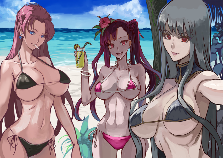 bangle beach bikini black_bikini blue_eyes bracelet braid breasts candy cleavage contemporary crossover dappled_sunlight day drink earrings flower food french_braid hair_flower hair_ornament hibiscus jewelry juliana_eberhardt large_breasts lips lollipop long_hair looking_at_viewer micro_bikini mikazuki_shigure multiple_girls navel ocean pale_skin pink_bikini pink_hair reaching_out red_eyes red_hair revision riela_marcellis self_shot selvaria_bles senjou_no_valkyria senjou_no_valkyria_1 senjou_no_valkyria_2 senjou_no_valkyria_3 side-tie_bikini silver_hair slender_waist smile strap_gap sunlight swimsuit time_paradox toned trait_connection twintails underboob work_in_progress