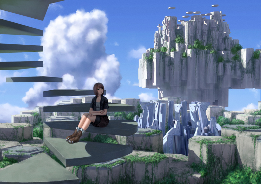 brown_hair building cloud day fantasy hikky5 original plant scenery short_hair sitting sky solo stairs