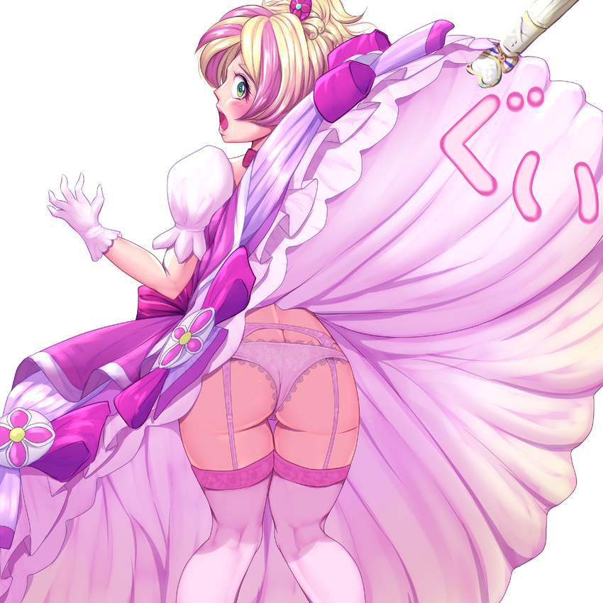 :o ass assisted_exposure blonde_hair bow cure_flora frills from_behind garter_belt garters gloves go!_princess_precure green_eyes harihisa haruno_haruka kneepits long_skirt looking_back mode_elegant_(go!_princess_precure) multicolored_hair open_mouth panties pink_bow pink_hair precure simple_background skirt skirt_lift solo thighhighs thighs translation_request underwear white_background