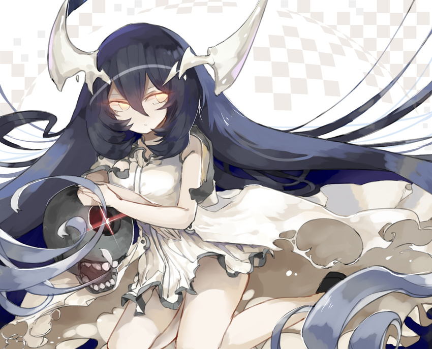 absurdly_long_hair anchorage_water_oni bare_legs bare_shoulders black_hair crossed_arms dress elbow_rest glowing glowing_eyes gradient_hair horns kantai_collection kneeling long_hair looking_away multicolored_hair no_nose open_mouth orange_eyes overskirt shinkaisei-kan sleeveless sleeveless_dress solo sparkle theahoge torn_clothes torn_dress very_long_hair white_dress white_hair white_skin