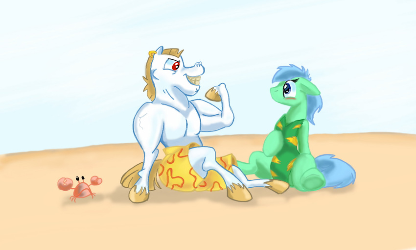 arthropod beach blush bulk_biceps_(character) character clothed clothing crab crossdressing crustacean equine feral flexing friendship_is_magic fur general hair horse male mammal marine muscles my_little_pony naivintage pony sand seaside solo spearmint_(character) swimming_trunks swimsuit