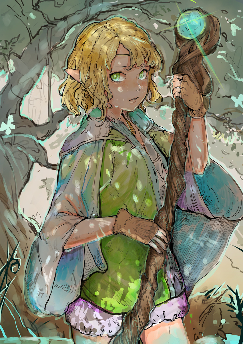 blonde_hair cloak elf fingerless_gloves forest frilled_shorts frills gloves green_eyes highres hiranko lips looking_at_viewer nature original pointy_ears short_hair shorts solo staff tree