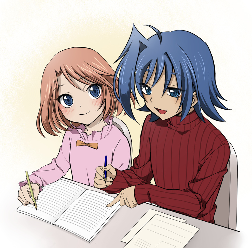 1girl ahoge blue_eyes brother_and_sister brown_hair cardfight!!_vanguard highres open_mouth sendou_aichi sendou_emi shijimi_(outa) short_hair siblings sweater turtleneck