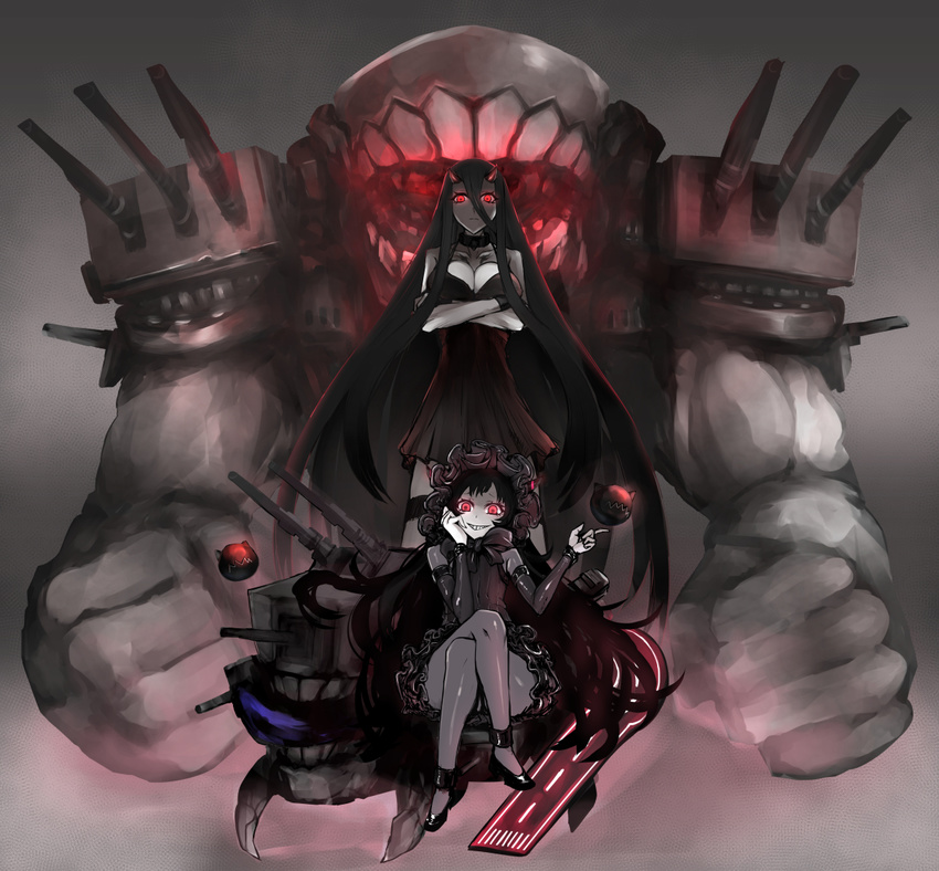 battleship_hime black_dress black_hair bonnet breasts cannon chin_rest cleavage clenched_hands crossed_arms crossed_legs detached_sleeves dress floating_fortress_(kantai_collection) fog glowing glowing_eyes grin gunbuster_pose horns isolated_island_oni jariinu_(gomasionori) kantai_collection large_arm large_breasts long_hair looking_at_viewer monster multiple_girls oni_horns pale_skin pantyhose pointing red_eyes rigging shinkaisei-kan short_dress sitting smile standing teeth thighhighs very_long_hair wrist_cuffs