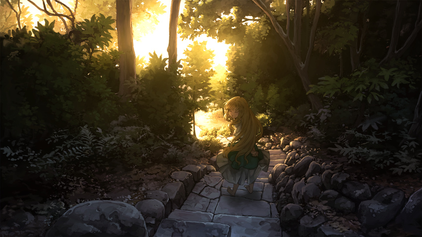 ^_^ arms_behind_back barefoot benitama blonde_hair closed_eyes dress from_behind grin hands_together highres long_hair looking_at_viewer looking_back original outdoors path plant road rock scenery smile solo stairs standing sunlight tree very_long_hair