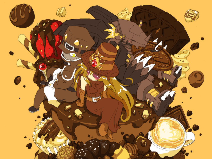 1girl amatera arachnemon armor bandai blackwargreymon cake chocolate claws digimon digimon_adventure digimon_adventure_02 dragon food hat helmet horns long_hair monster mummymon simple_background smile yellow_eyes