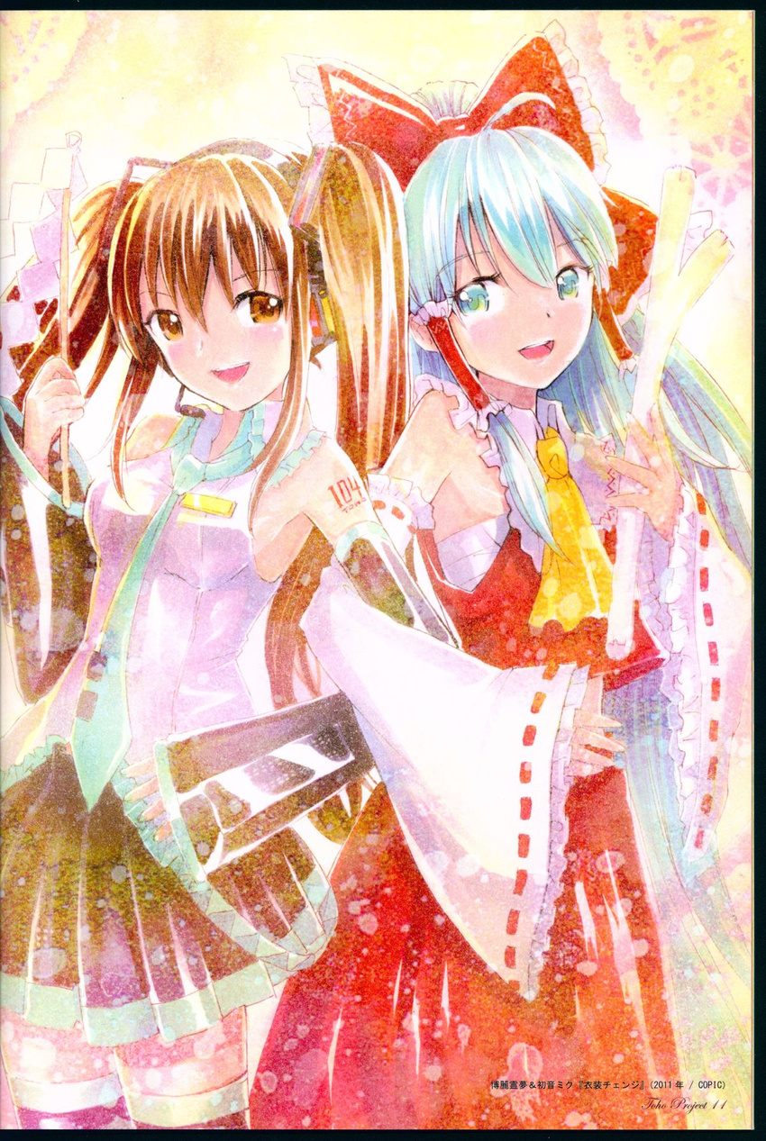 2girls alternate_hairstyle aqua_eyes aqua_hair ascot border bow brown_eyes brown_hair cosplay costume_switch crossover dated detached_sleeves gohei hair_bow hair_ornament hair_ribbon hair_tubes hakurei_reimu hakurei_reimu_(cosplay) hatsune_miku hatsune_miku_(cosplay) highres long_hair long_sleeves looking_at_another marker_(medium) mayo_riyo multiple_girls necktie non-web_source open_mouth ponytail ribbon sarashi scan scan_artifacts shirt skirt skirt_set smile text_focus thighhighs touhou traditional_media twintails vocaloid wide_sleeves zettai_ryouiki