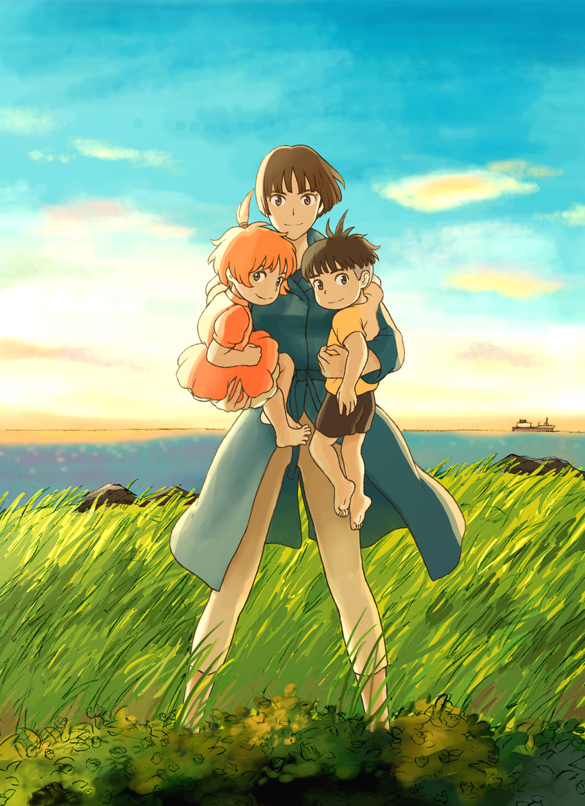 2girls absurdres brown_hair gake_no_ue_no_ponyo highres jas lisa_(ponyo) mother_and_son multiple_girls ookami_kodomo_no_ame_to_yuki parody ponyo red_hair revision sousuke_(ponyo) studio_ghibli