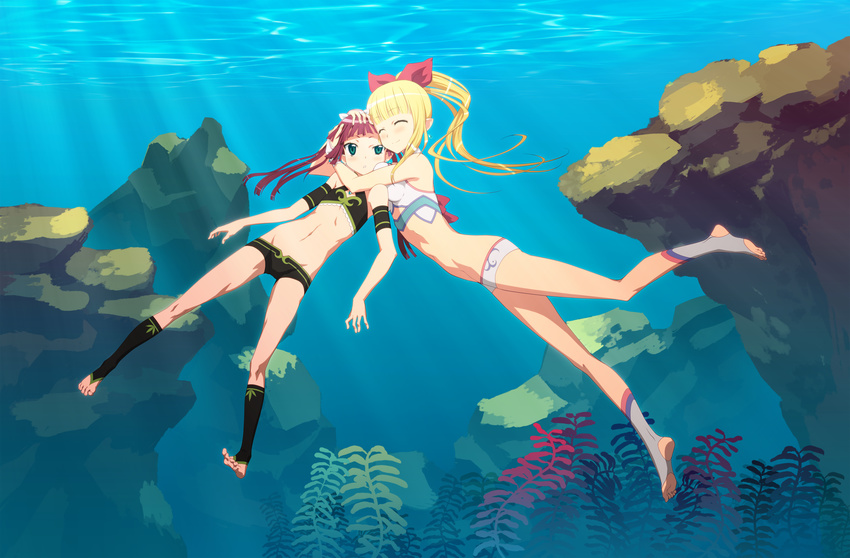 ^_^ absurdres bare_shoulders barefoot blonde_hair bow breast_press breasts closed_eyes feet flat_chest groin hair_bow highres hug large_breasts legs light_rays long_hair marin_(umi_monogatari) midiman multiple_girls navel pink_hair ponytail revision shorts sunbeam sunlight toeless_legwear umi_monogatari underwater urin_(umi_monogatari)