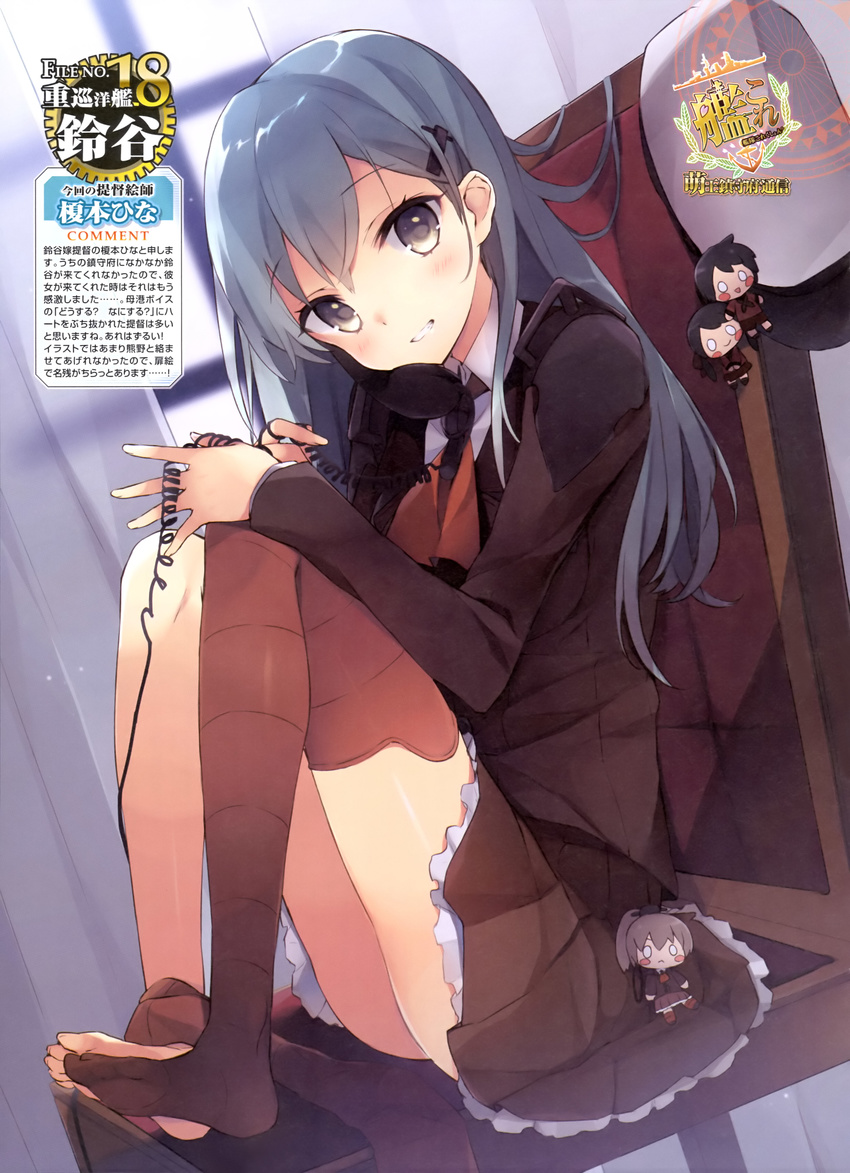 absurdres barefoot brown_legwear chair character_doll corded_phone curtains dutch_angle enomoto_hina feet_on_chair full_body green_hair grey_eyes grin highres kantai_collection knees_up kumano_(kantai_collection) long_hair long_sleeves looking_at_viewer mikuma_(kantai_collection) mogami_(kantai_collection) phone scan single_thighhigh sitting smile solo suzuya_(kantai_collection) thighhighs thighhighs_pull