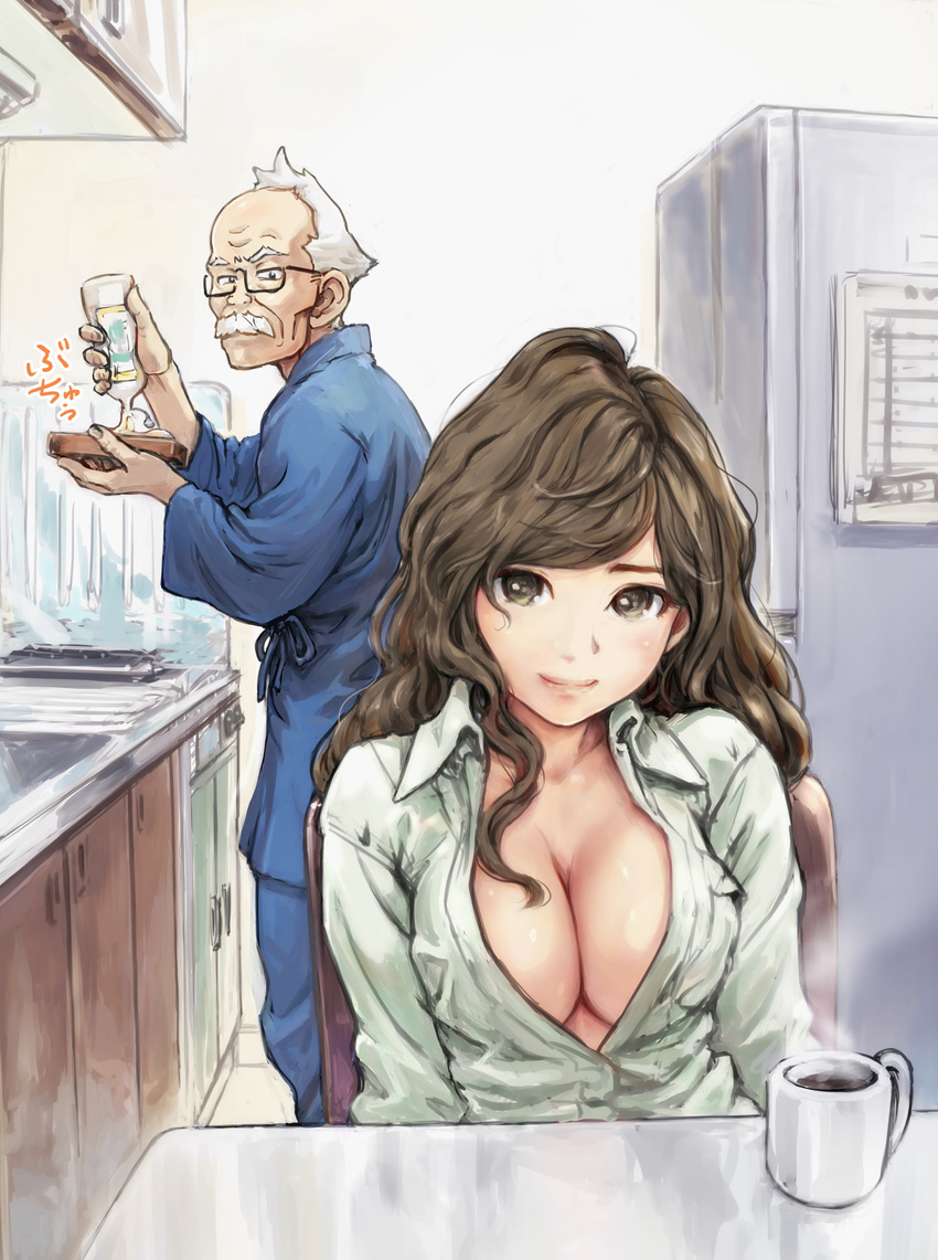 1girl age_difference arms_at_sides bangs black-framed_eyewear black_hair blue_pants blue_ribbon blue_shirt bottle bread breasts carina_(xiaowoo) chair cleavage closed_mouth coffee coffee_mug collared_shirt commentary_request constricted_pupils cup cupboard dress_shirt facial_hair food from_side glasses highres holding holding_bottle holding_food indoors kaikan_change kitchen large_breasts light_smile lips long_hair long_sleeves looking_at_viewer looking_back looking_to_the_side moka's_grandfather moka_(kaikan_change) mug mustache no_bra old_man on_chair open_clothes open_shirt pajamas pants pouring rectangular_eyewear refrigerator ribbon robe shirt sink sitting smile standing steam stove swept_bangs upper_body wavy_hair white_hair white_shirt