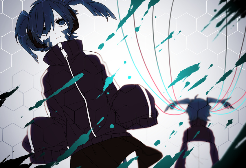 bad_id bad_pixiv_id blue_eyes blue_hair cable dual_persona eiku ene_(kagerou_project) headphones jinzou_enemy_(vocaloid) kagerou_project long_hair multiple_girls twintails