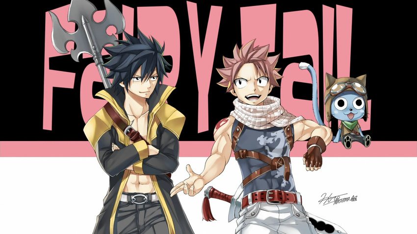 aviator_cap cat copyright_name end_card fairy_tail flight_goggles gloves gray_fullbuster halberd happy_(fairy_tail) highres mashima_hiro multiple_boys natsu_dragneel non-web_source official_art polearm scarf sword tattoo wallpaper weapon