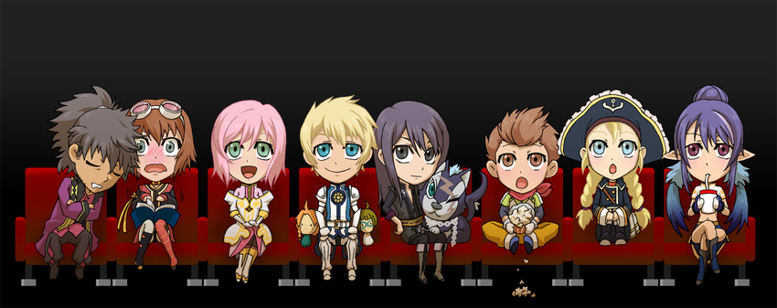 4girls armor bad_id bad_pixiv_id black_eyes black_hair blonde_hair blue_eyes blue_footwear blue_hair blush book boots braid brown_eyes brown_hair chain character_doll chibi crossed_arms dog doll drink estellise_sidos_heurassein flynn_scifo food gloves goggles green_eyes hat judith karol_capel knee_boots long_hair movie_theater multiple_boys multiple_girls one_eye_closed patty_fleur pink_hair pointy_ears ponytail popcorn purple_eyes raven_(tales) repede rita_mordio scarf short_hair sleeping smile sodia surcoat tales_of_(series) tales_of_vesperia tomo_(dg_chipmunk) twin_braids witcher yuri_lowell