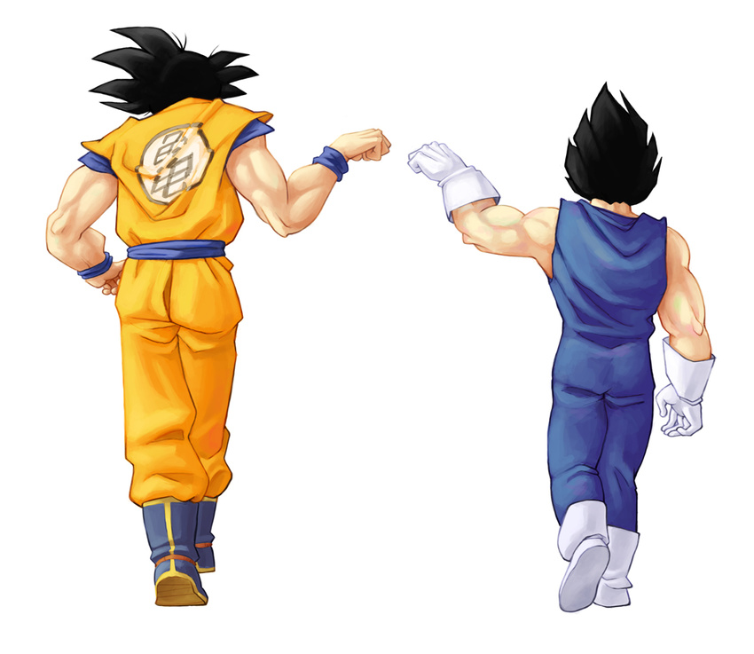 black_hair blue_footwear boots clothes_writing dragon_ball dragon_ball_z epic fist_bump from_behind gloves male_focus mcjamie multiple_boys muscle simple_background son_gokuu vegeta walking wristband