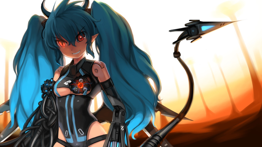 bad_id bad_pixiv_id blue_hair busou_shinki doll_joints evil glowing glowing_eye grin observerz pointy_ears red_eyes robot slit_pupils smile solo tail twintails valona