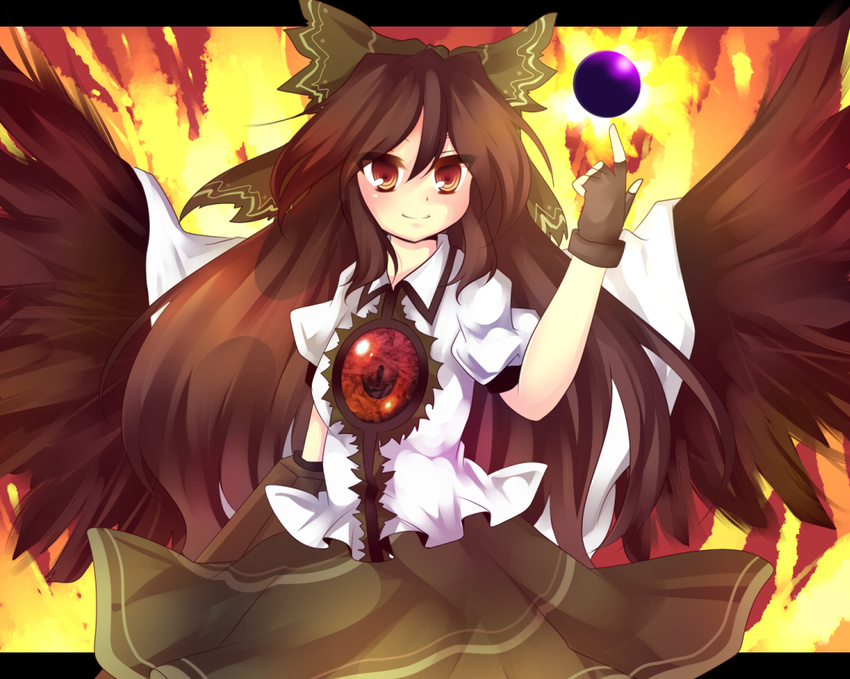 arm_cannon bad_id bad_pixiv_id black_sun black_wings bow brown_hair cape eyes fingerless_gloves fire gloves hair_bow large_bow long_hair orange_eyes pointing red_eyes reiuji_utsuho smile solo sun touhou uranaishi_(miraura) weapon wings